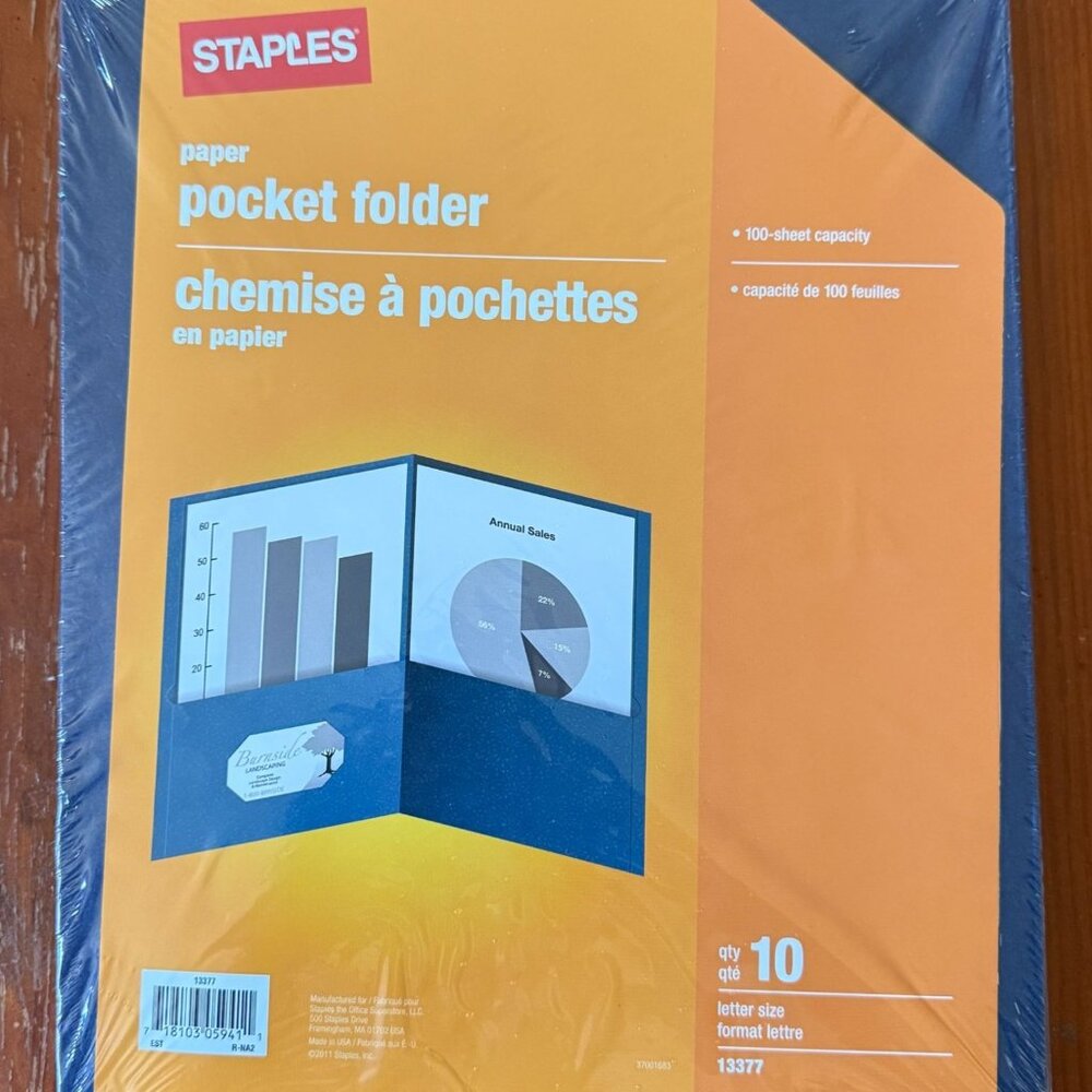 Lot of 2 Staples Paper Pocket Folder 10 Pack Letter Size 100-Sheet Capacity